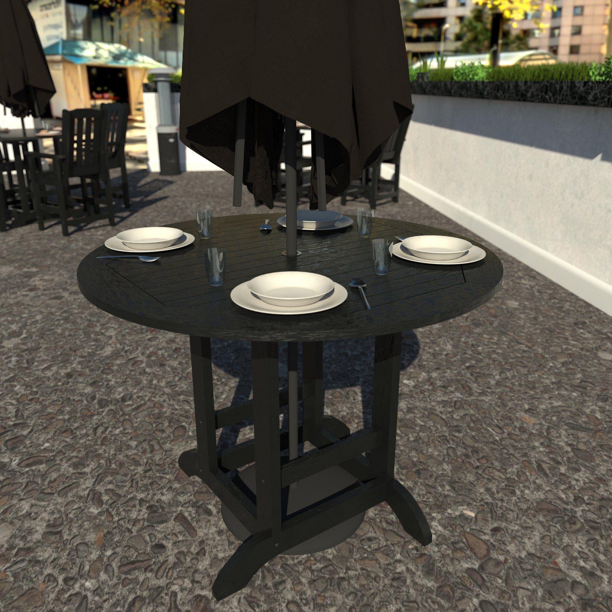 Black 48in diameter dining height table with plates set