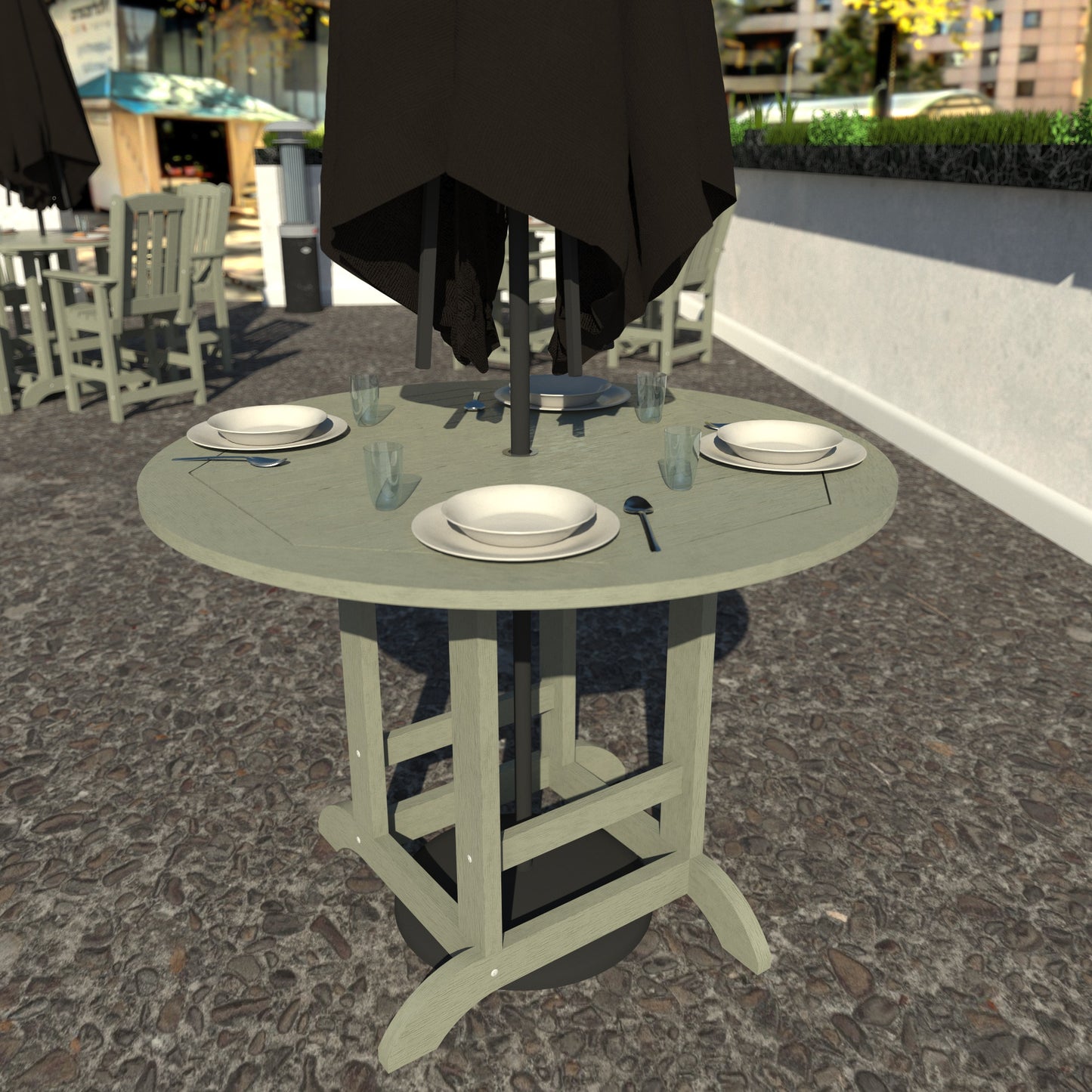 Light green 48in diameter dining height table with plates set