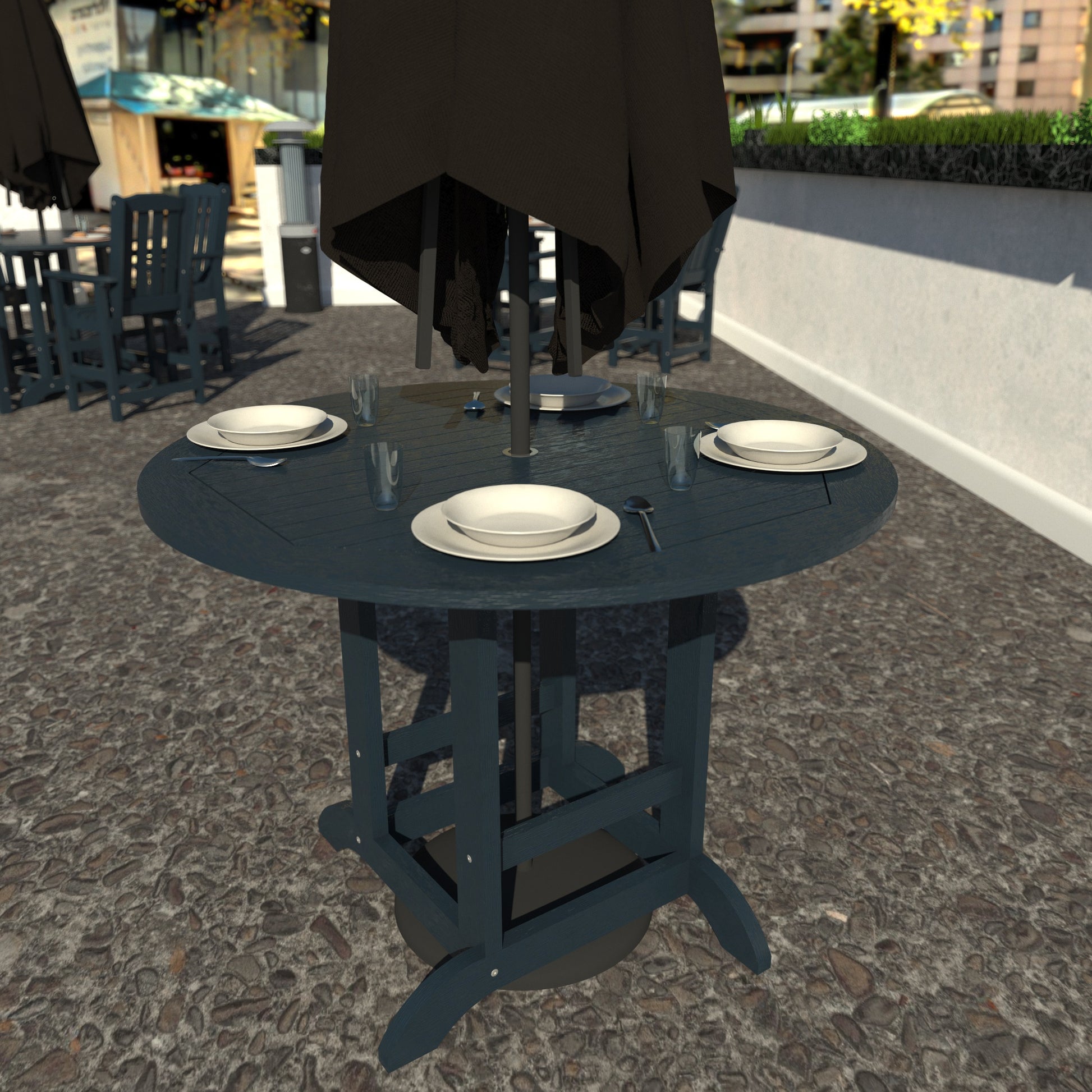 Dark Blue 48in diameter dining height table with plates set