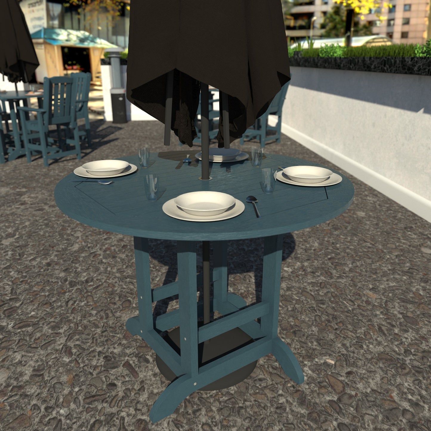 Light blue 48in diameter dining height table with plates set