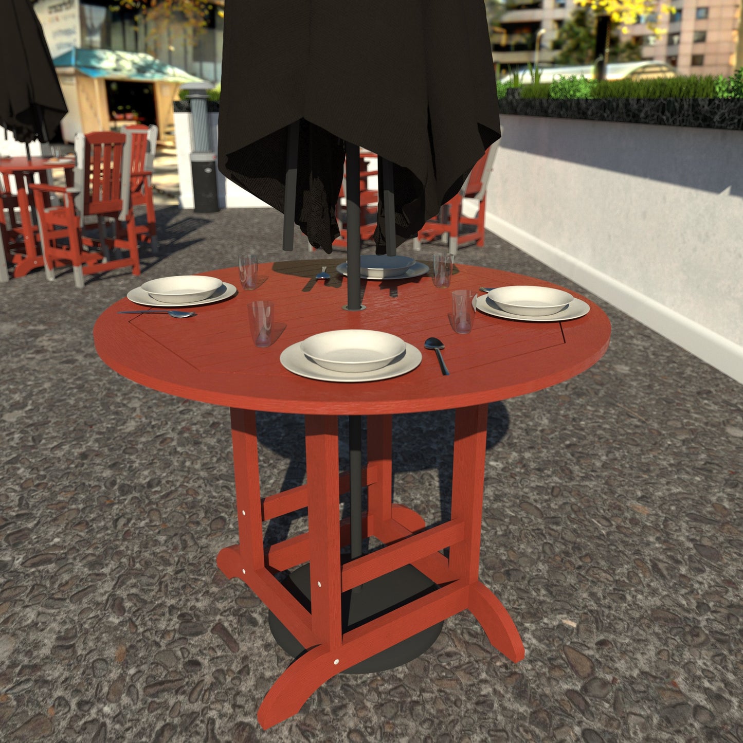 Red 48in diameter dining height table with plates set