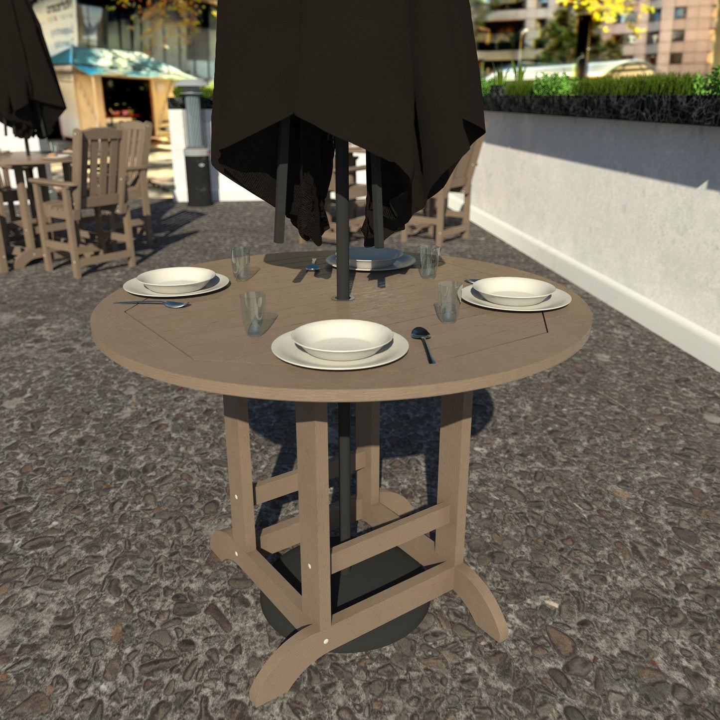 Light brown 48in diameter dining height table with plates set