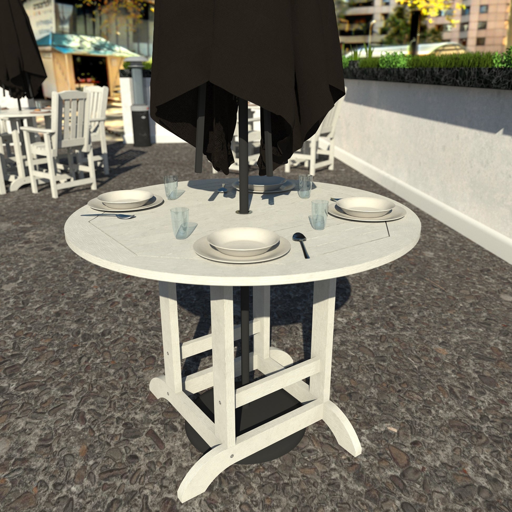 White 48in diameter dining height table with plates set