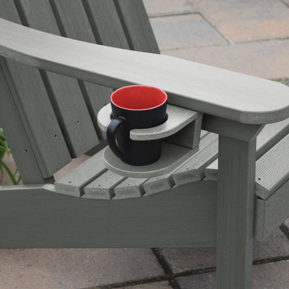 Gray Adirondack chair and cupholder with mug