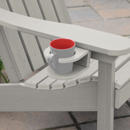 Light gray Adirondack chair and cupholder with mug