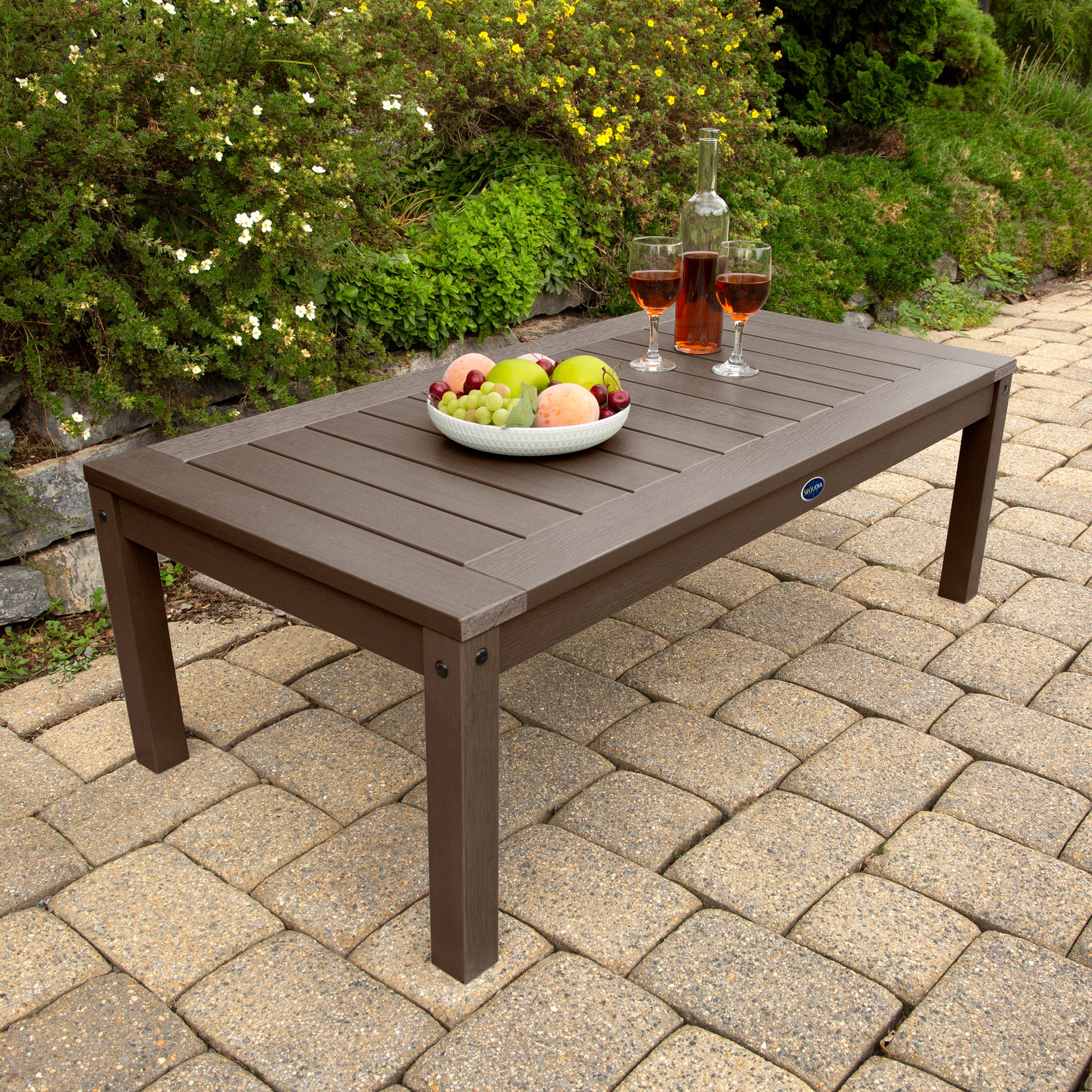 Brown Adirondack Conversation table with wine and fruit bowl 