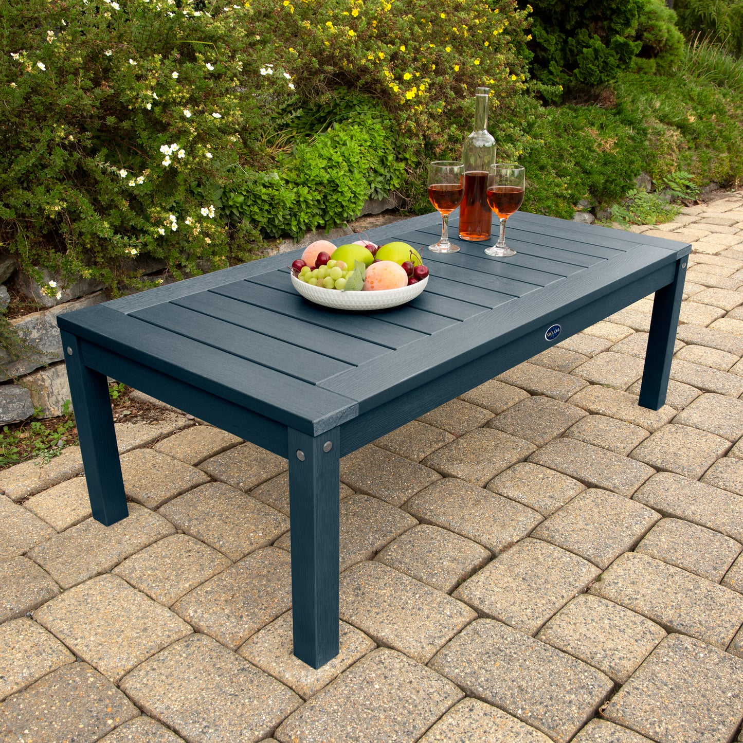 Dark Blue Adirondack Conversation table with wine and fruit bowl 