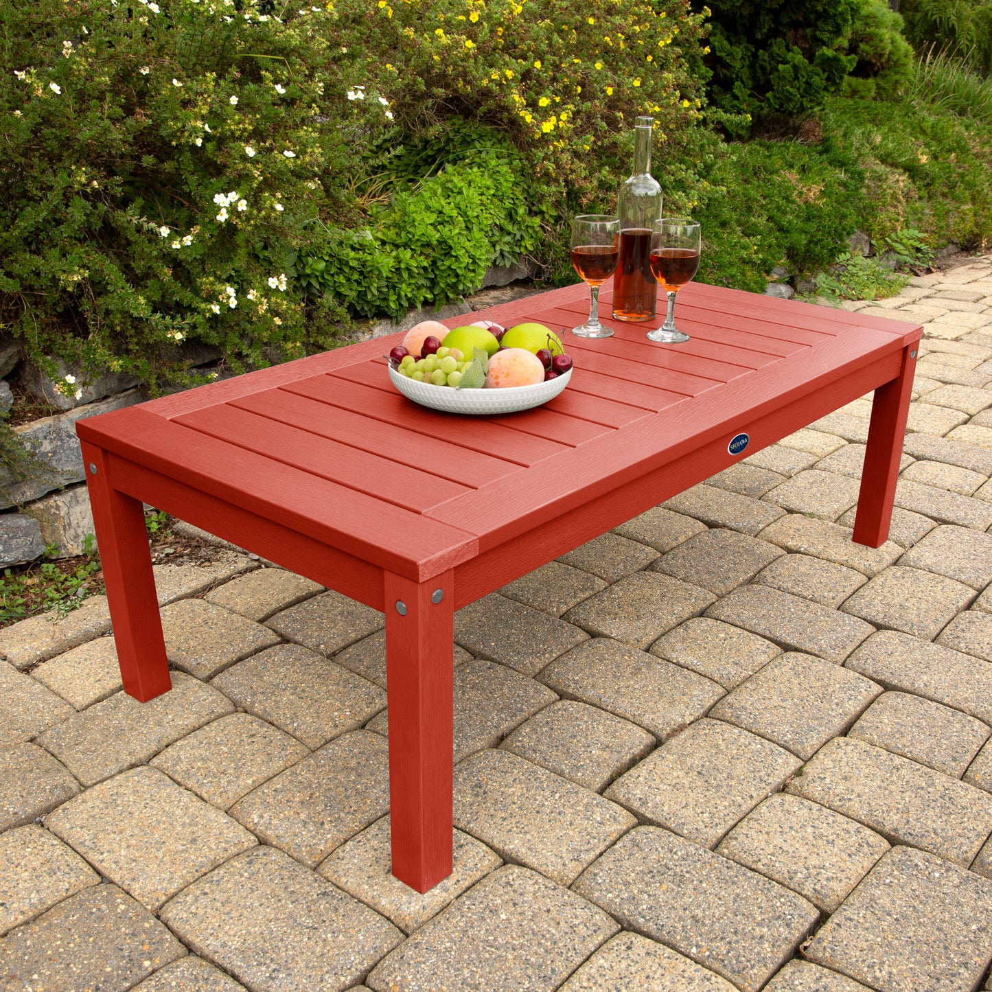 Red Adirondack Conversation table with wine and fruit bowl 