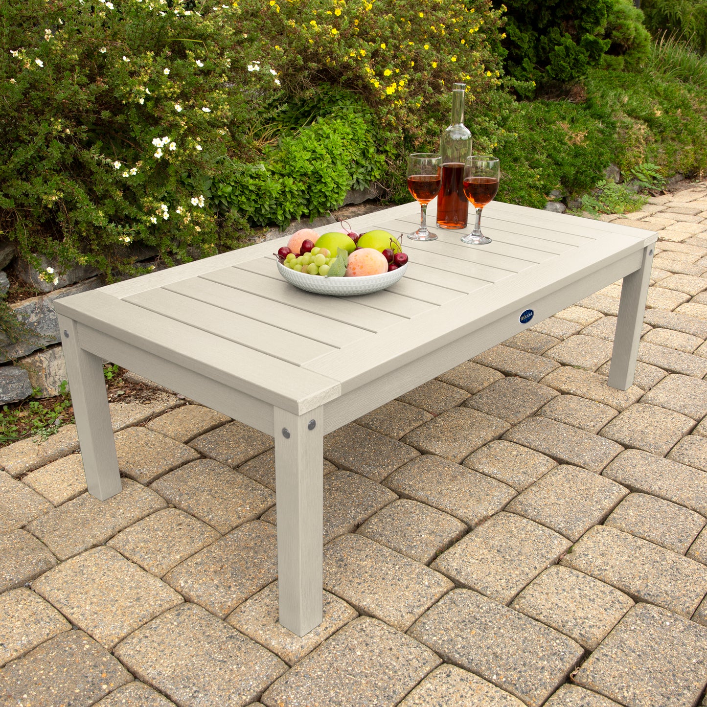 Whitewash Adirondack Conversation table with wine and fruit bowl 