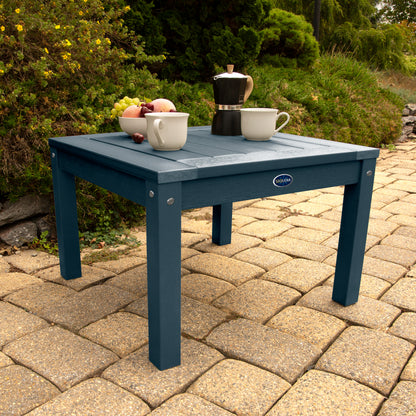 Dark Blue Adirondack side table with coffee and fruit bowl