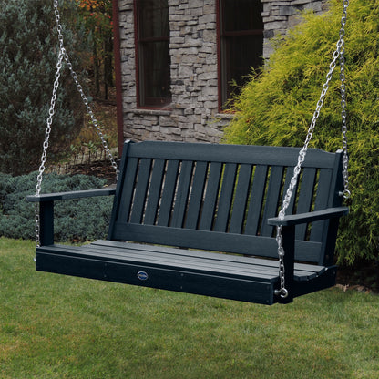 Dark Blue 5ft Blue Ridge porch swing with stone house in background