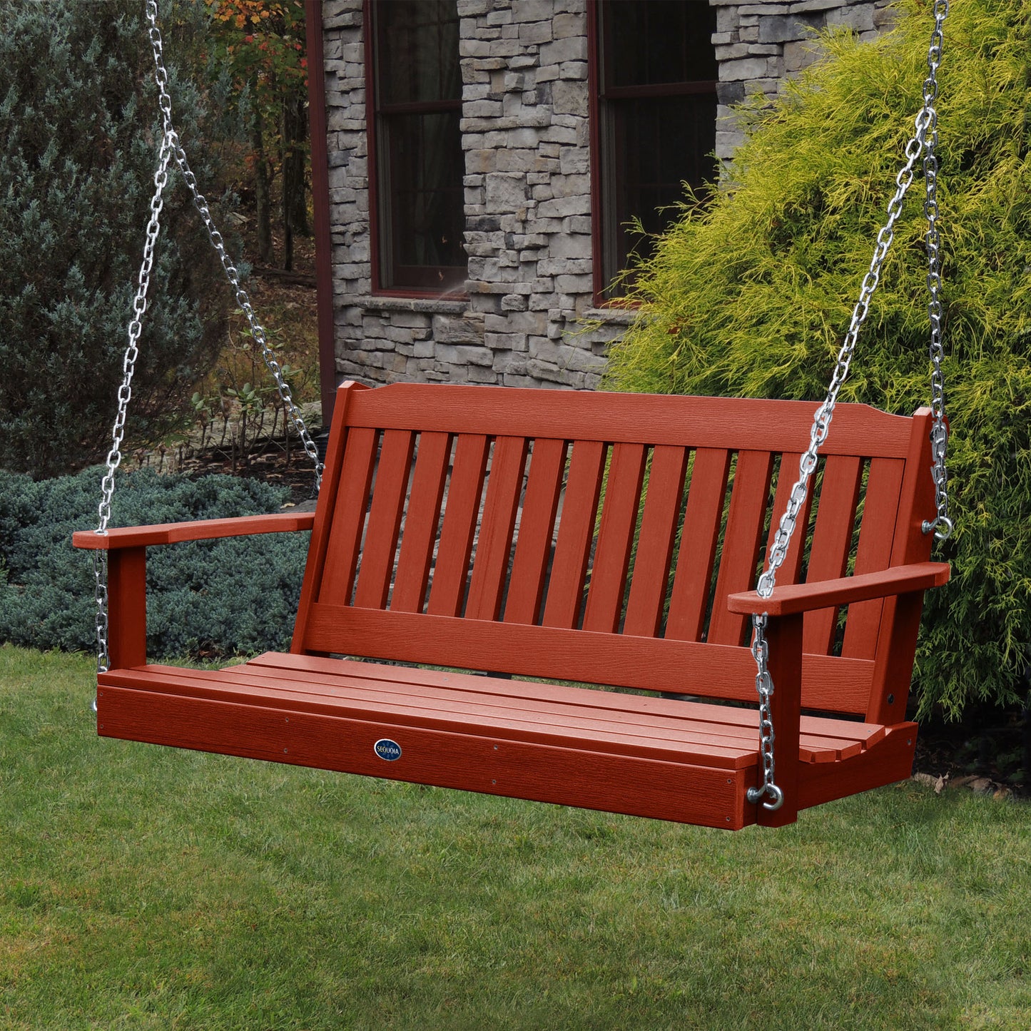 Red 5ft Blue Ridge porch swing with stone house in background