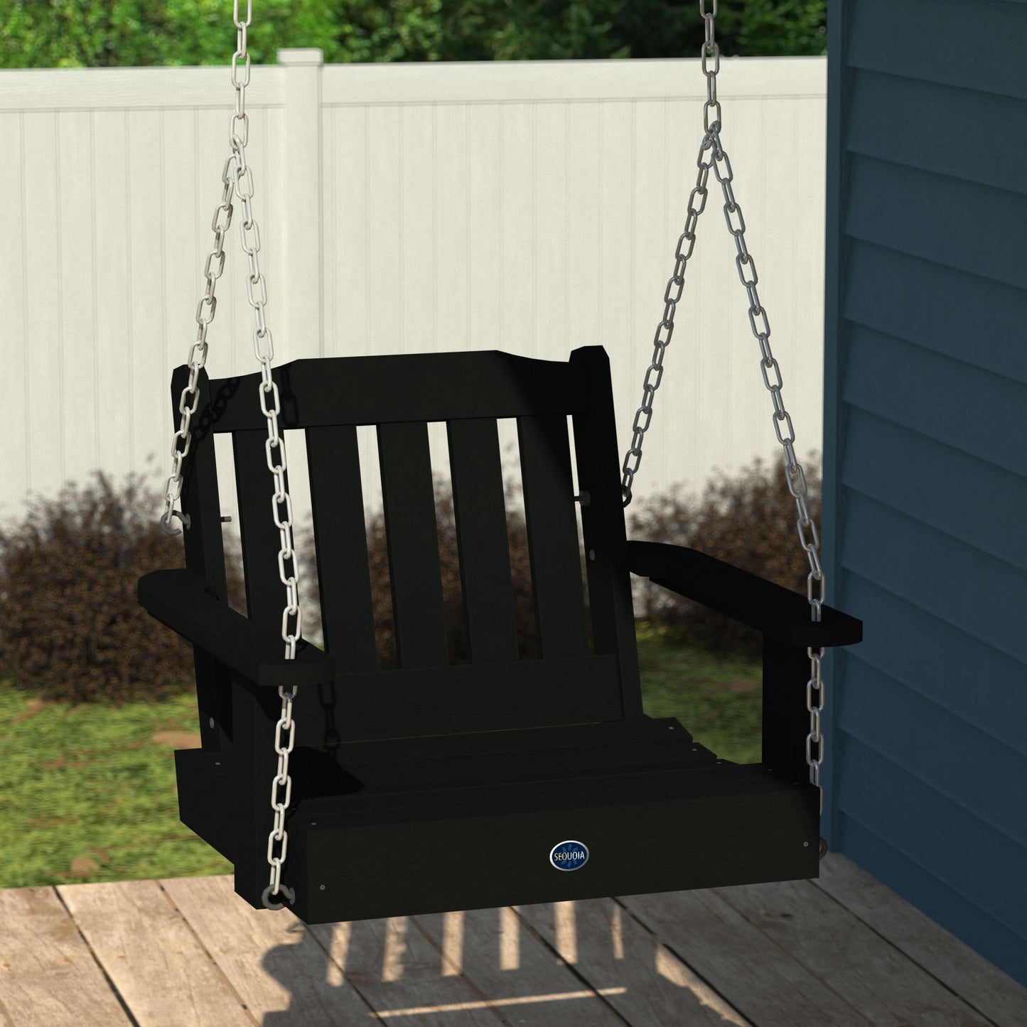 Black single seat Blue Ridge porch swing hanging from porch