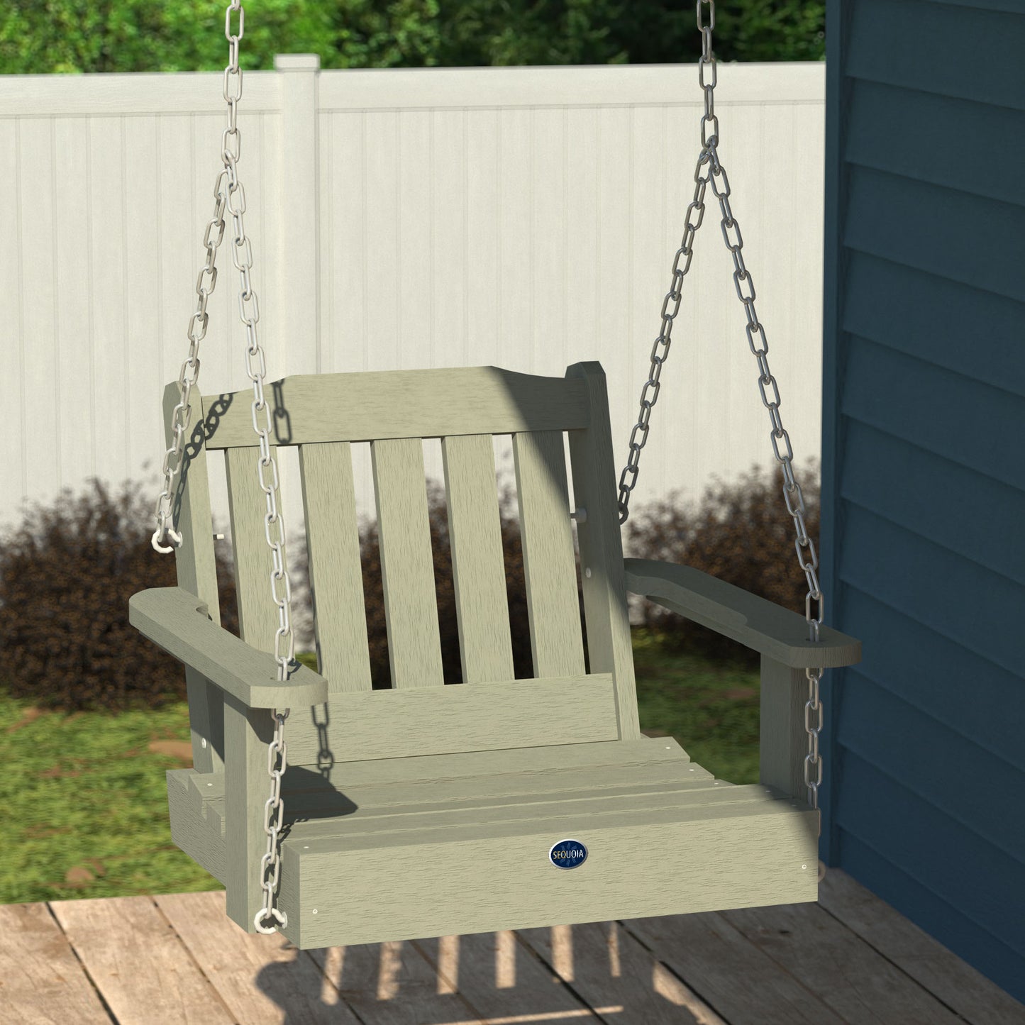 Light green single seat Blue Ridge porch swing hanging from porch