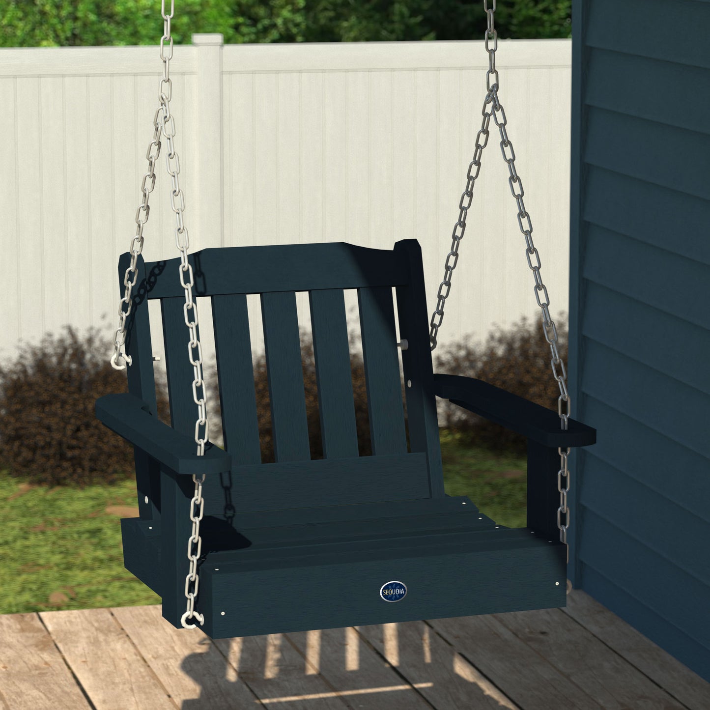 Dark blue single seat Blue Ridge porch swing hanging from porch