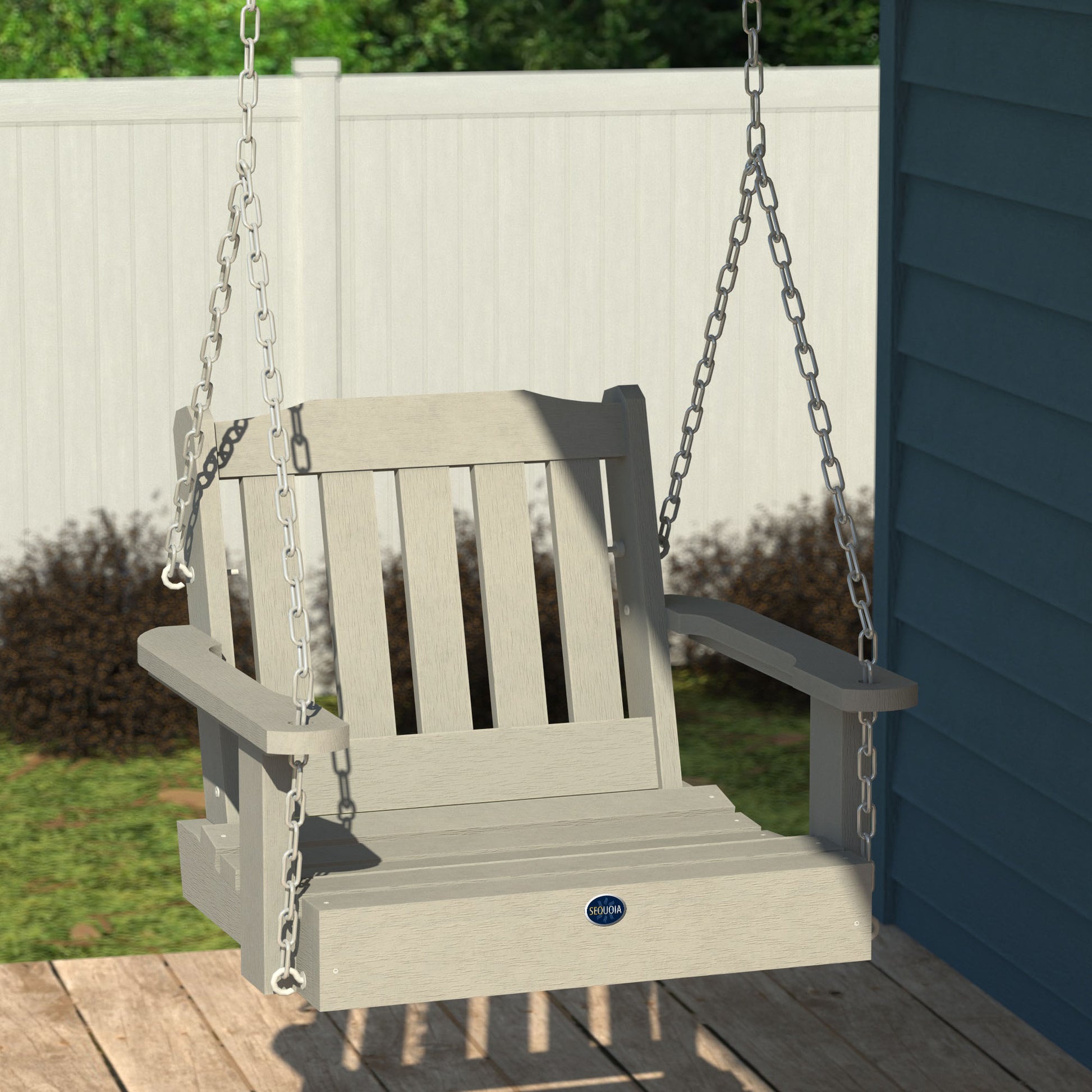 Light gray single seat Blue Ridge porch swing hanging from porch