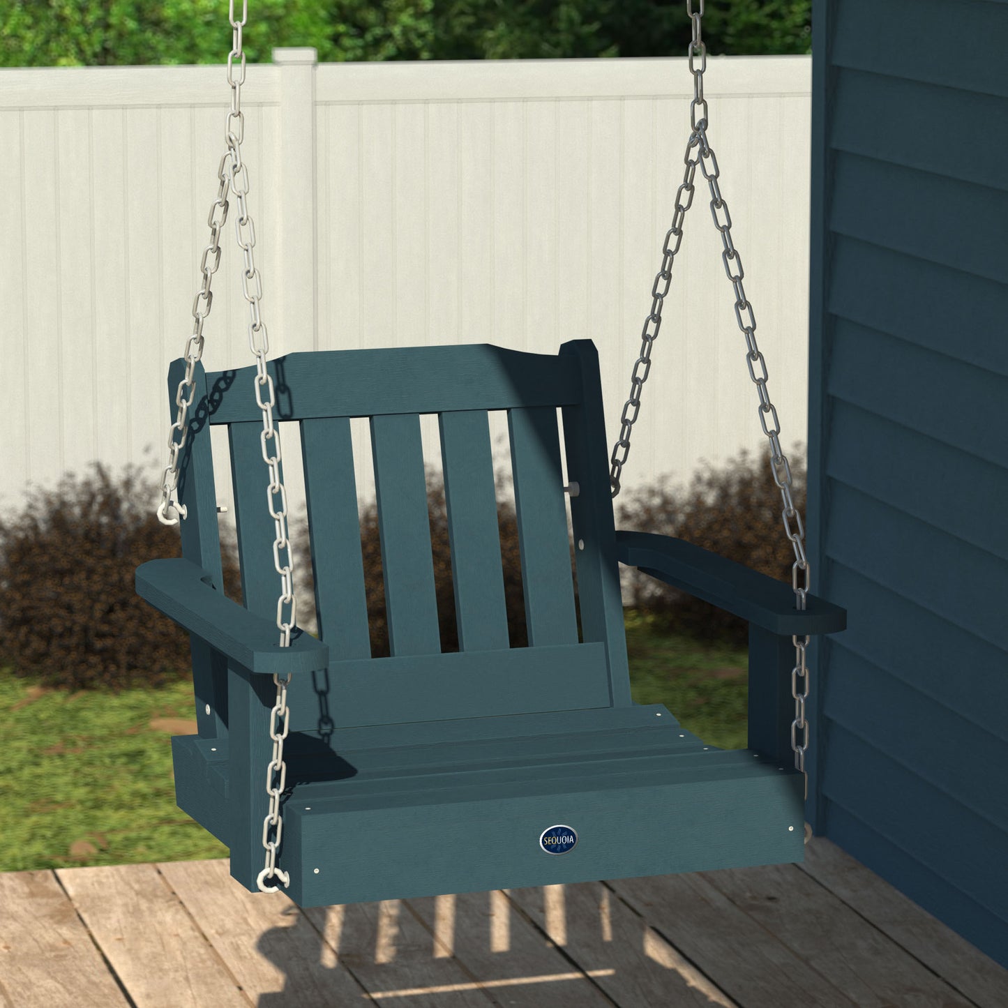 Light blue single seat Blue Ridge porch swing hanging from porch