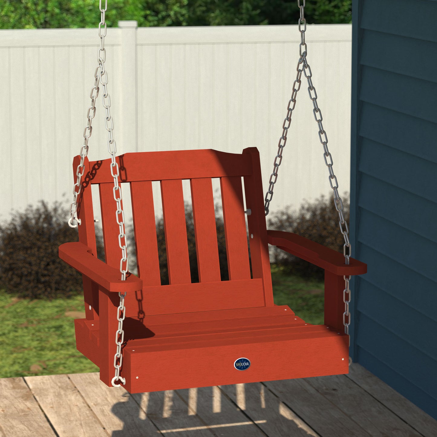 Red single seat Blue Ridge porch swing hanging from porch