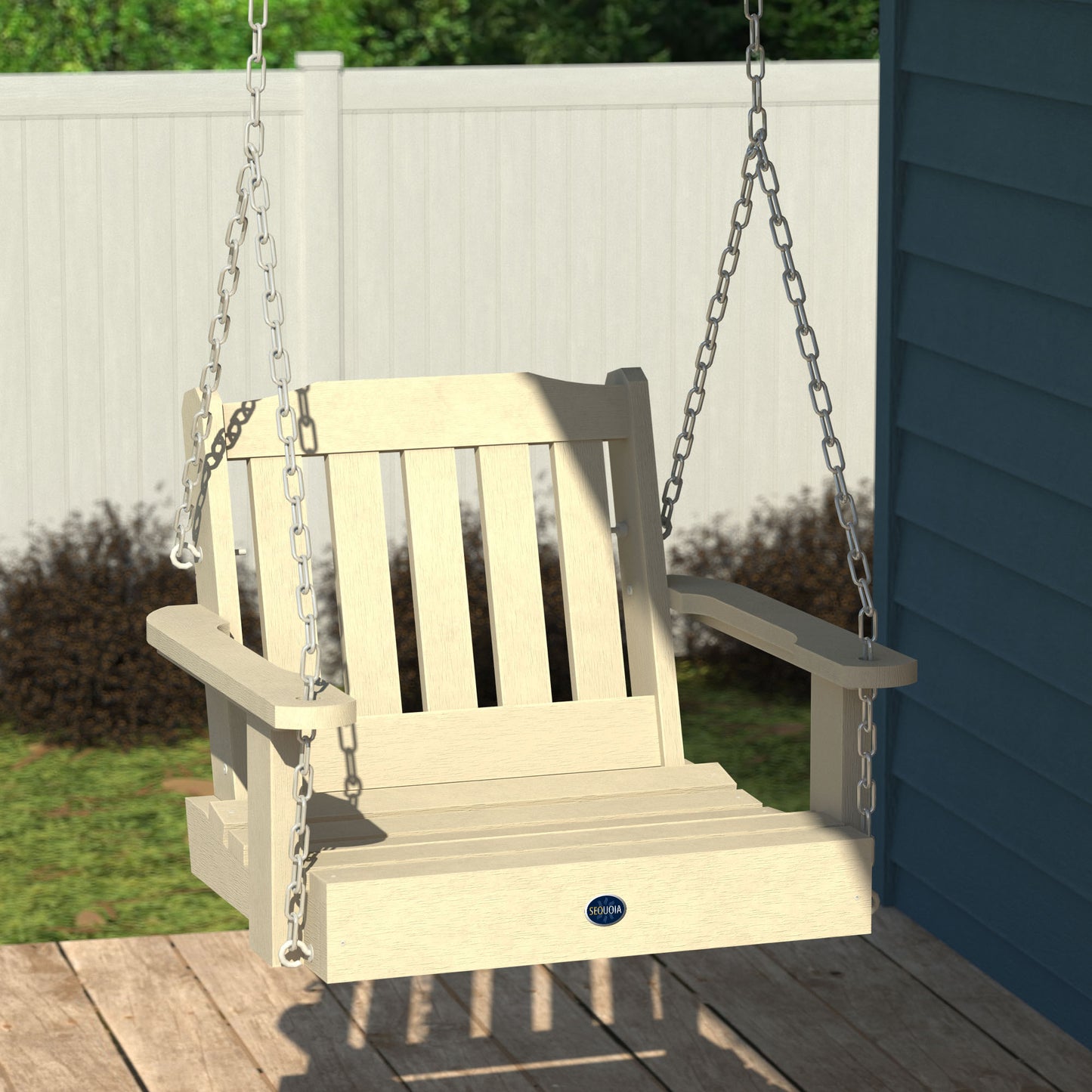 Whitewash single seat Blue Ridge porch swing hanging from porch