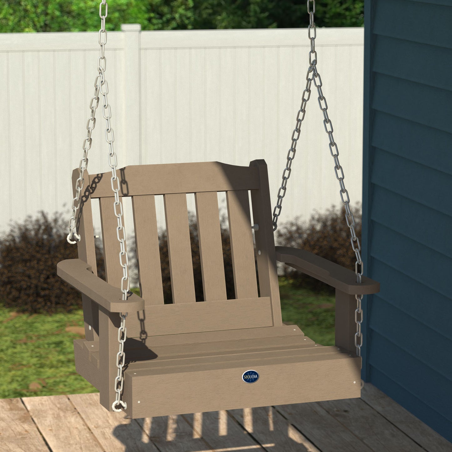 Light brown single seat Blue Ridge porch swing hanging from porch