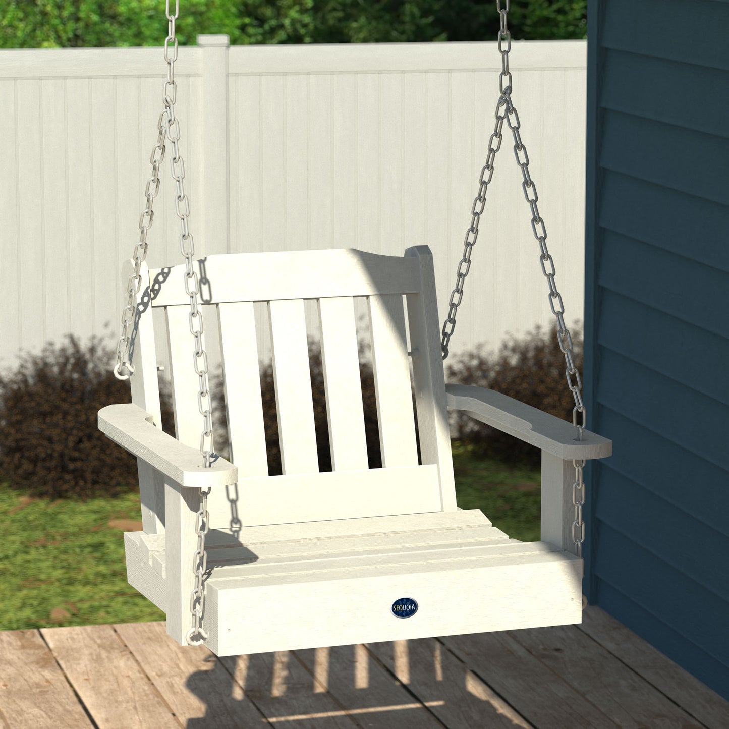 White single seat Blue Ridge porch swing hanging from porch