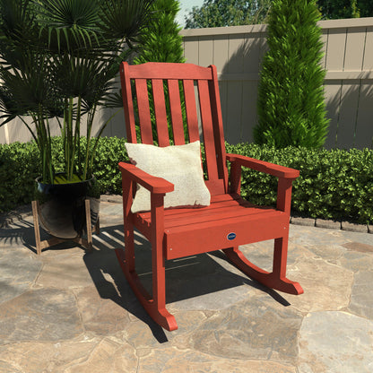 Red Blue Ridge rocking chair on stone patio with pillow