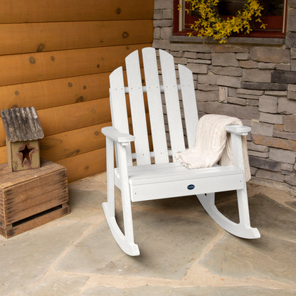 White Lighthouse Garden Rocking Chair on porch with blanket