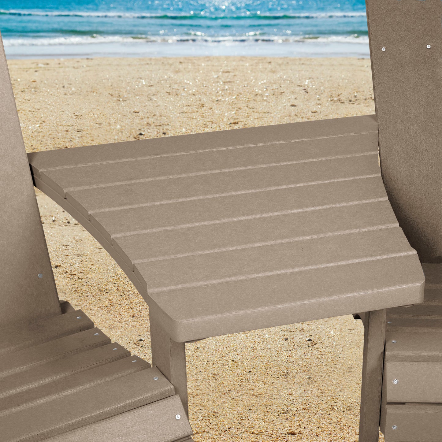 Tan Sunrise Coast comfort height chairs and connecting table on beach