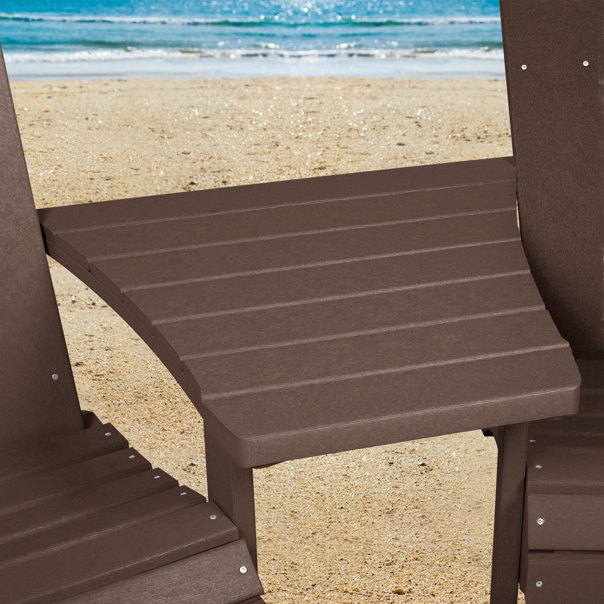 Brown Sunrise Coast comfort height chairs and connecting table on beach