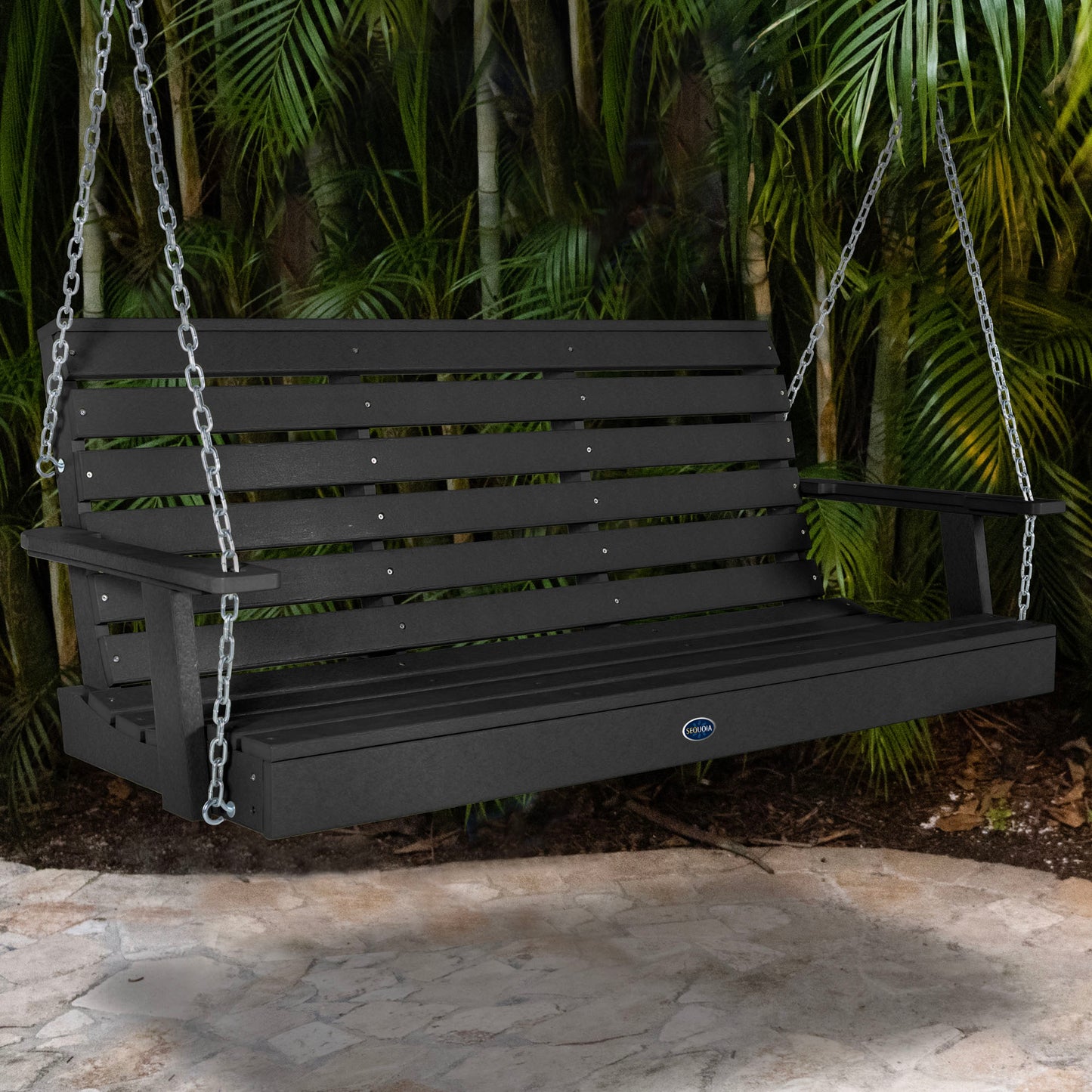 Black Sunrise Coast 5ft porch swing with palms in background