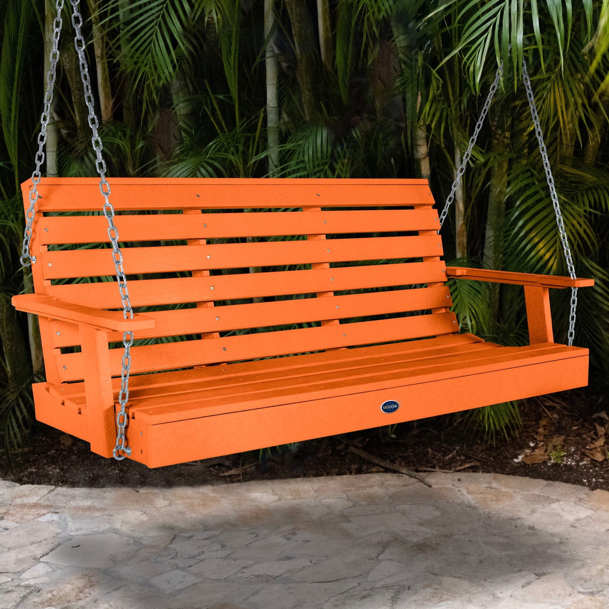 Orange Sunrise Coast 5ft porch swing with palms in background