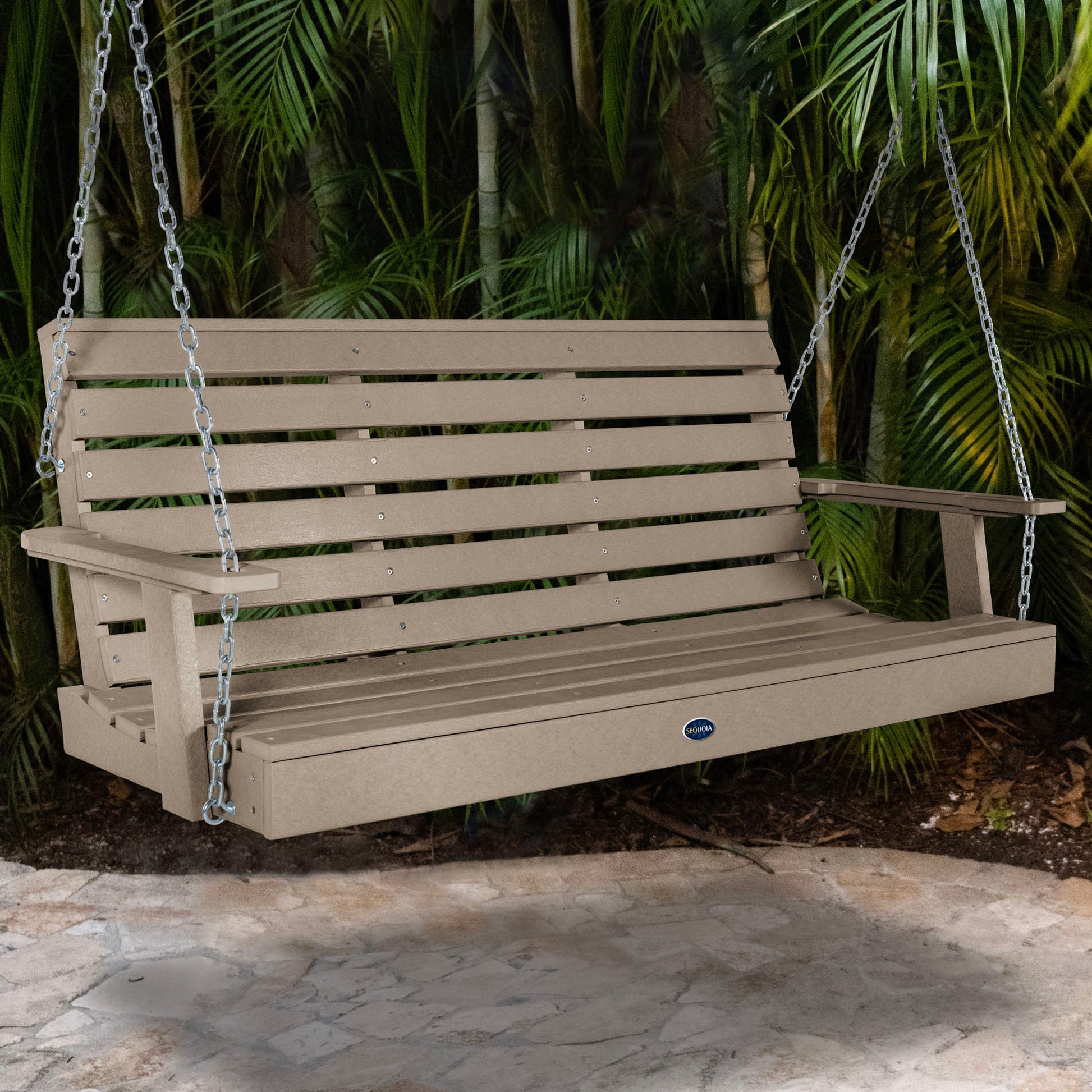 Tan Sunrise Coast 5ft porch swing with palms in background