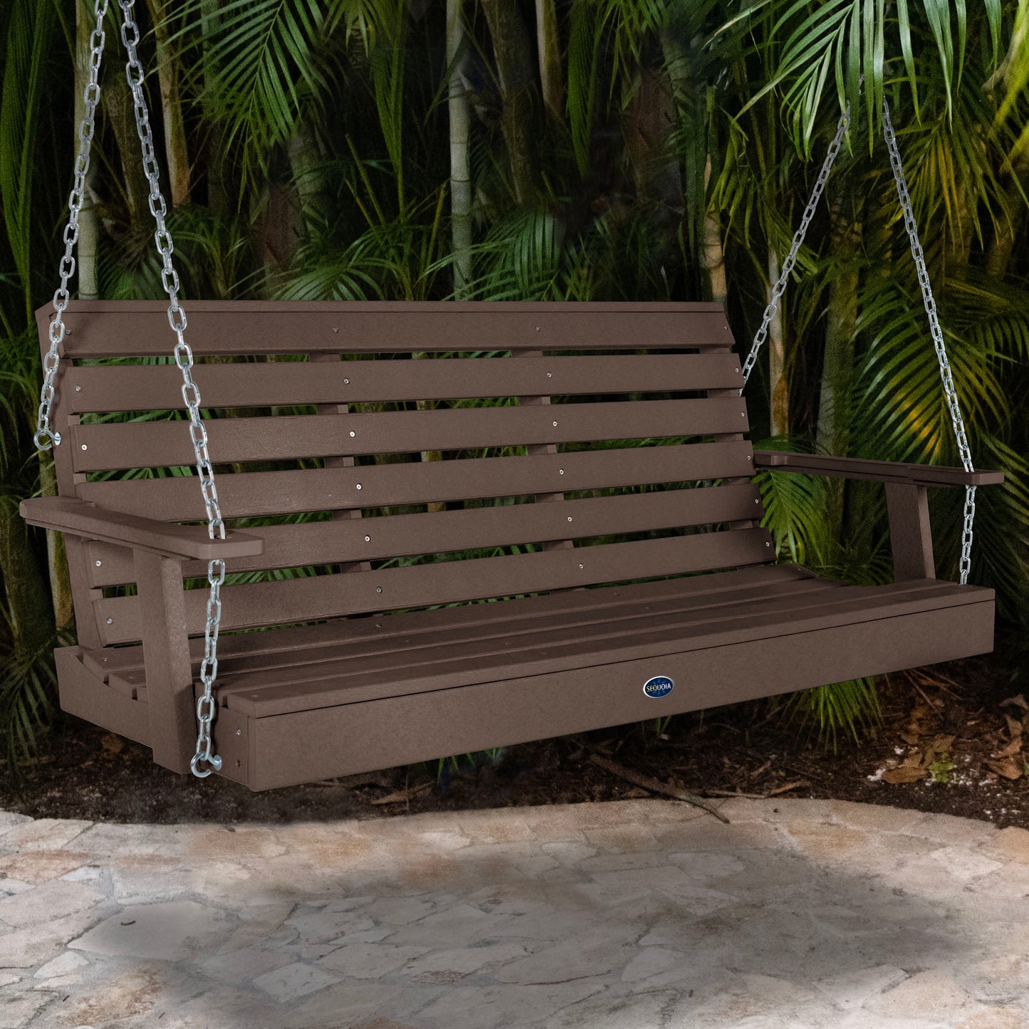 Brown Sunrise Coast 5ft porch swing with palms in background