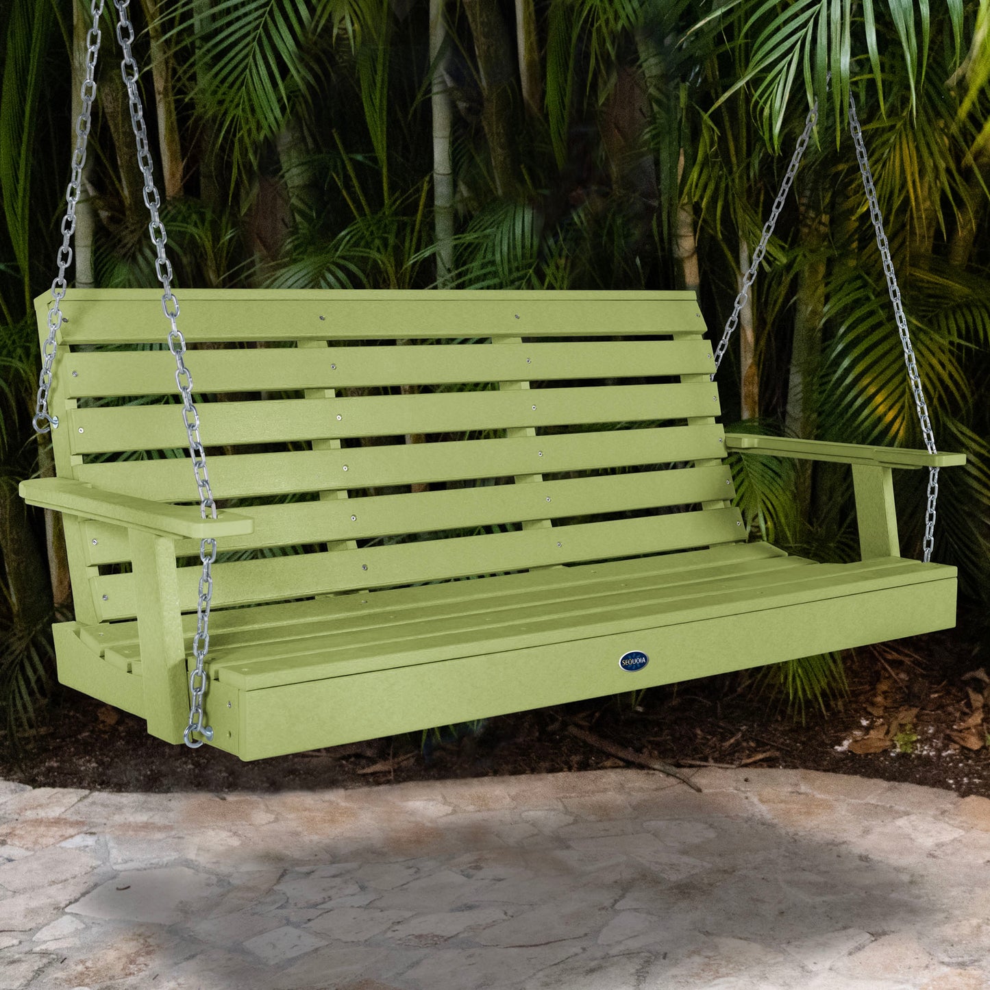 Green Sunrise Coast 5ft porch swing with palms in background