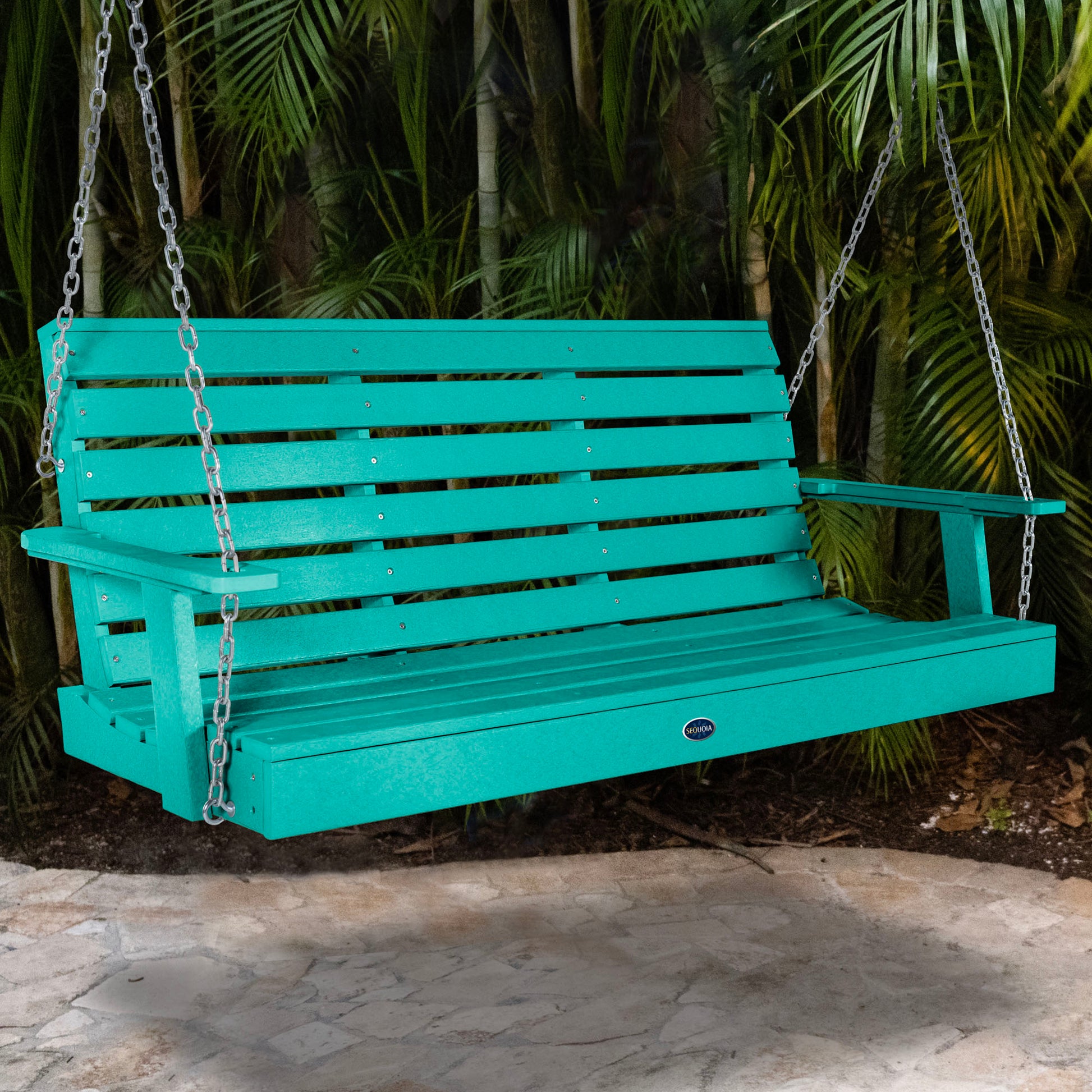 Blue Sunrise Coast 5ft porch swing with palms in background