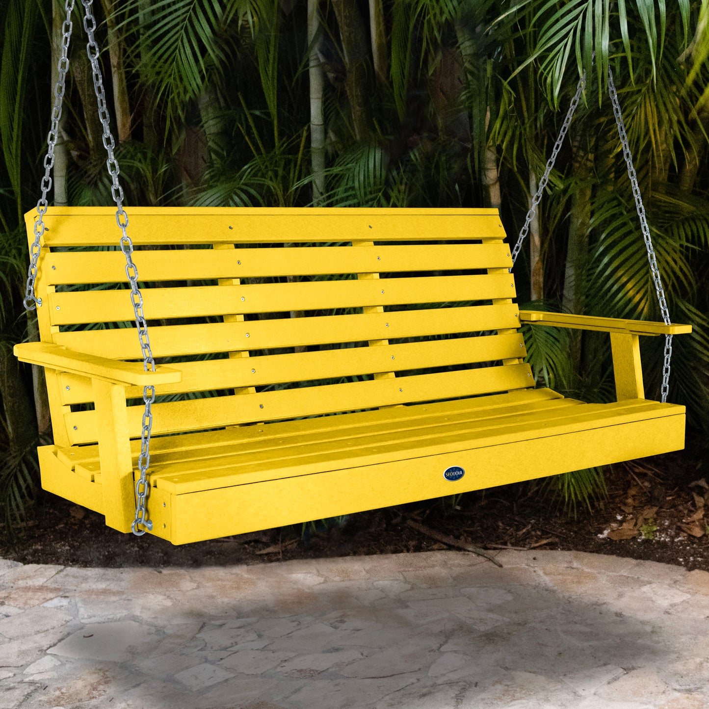 Yellow Sunrise Coast 5ft porch swing with palms in background