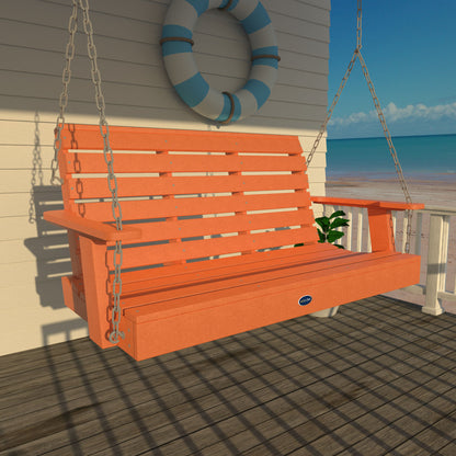 Orange Sunrise Coast 4ft porch swing on a deck with life preserver